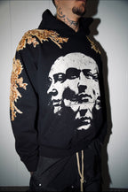 THE GILDED FACES HOODIE.     FEATURING HAND-SEWN GOLD CRYSTAL MOTIFS 1/1