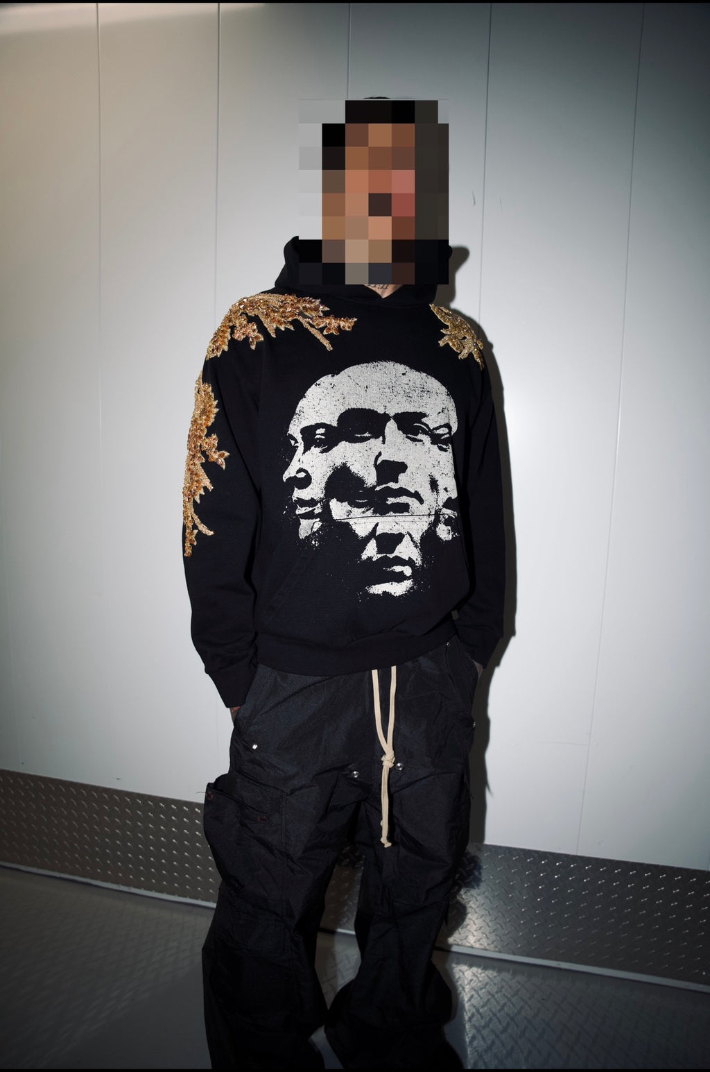 THE GILDED FACES HOODIE.     FEATURING HAND-SEWN GOLD CRYSTAL MOTIFS 1/1