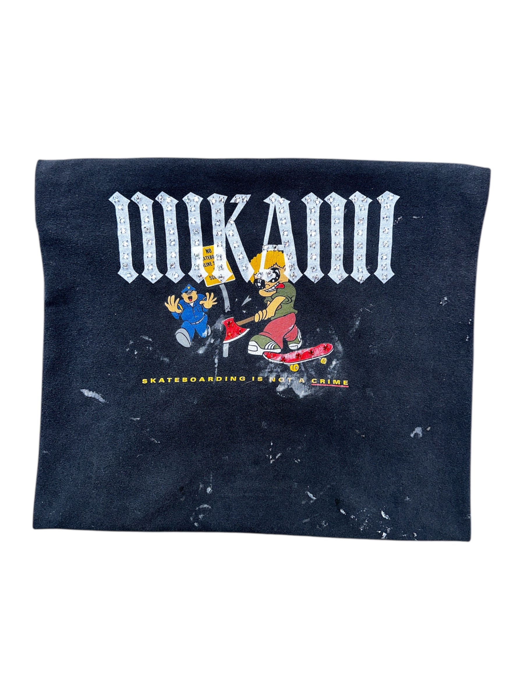 Mi Kami “Skateboarding Is Not a Crime” Vintage Rhinestone Tee – Size XL